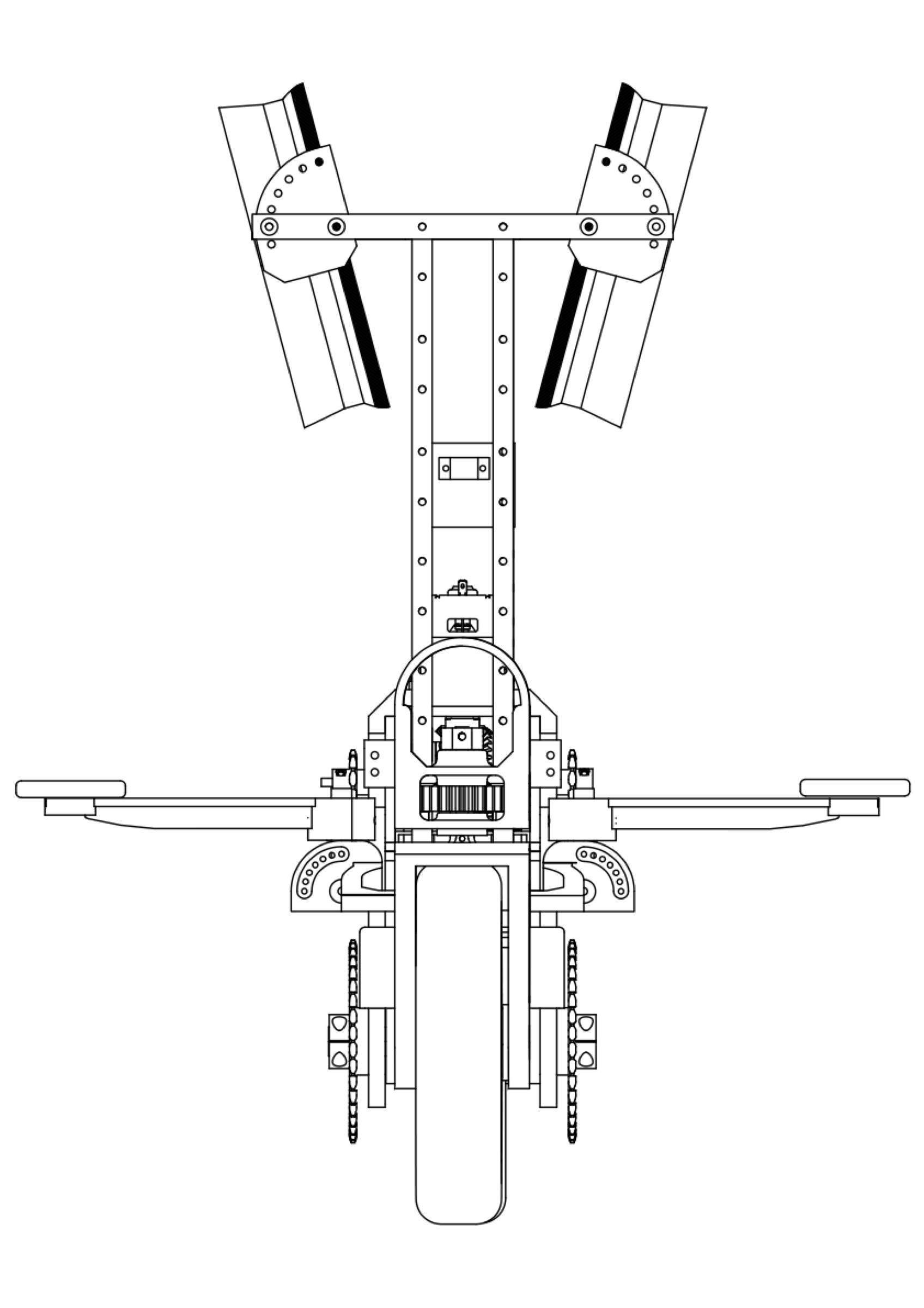 Front elevation CAD drawing of the bike: two angled ducted propellers on a mast above the steering head and front wheel