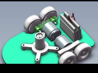 CAD render of a micromouse: two wheels, motors, and sensor mounts on a green board
