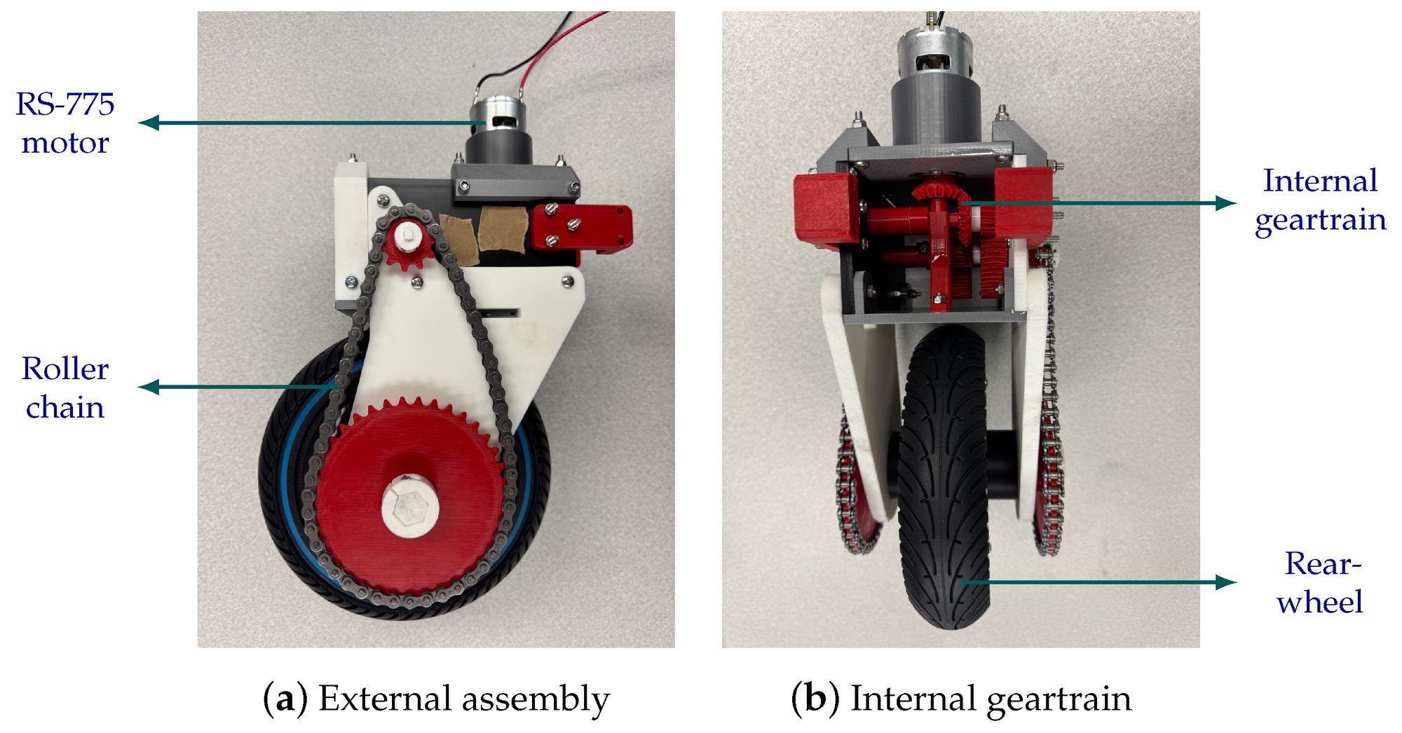 The built rear drivetrain: RS-775 motor and red roller-chain sprocket outside, red 3D-printed geartrain inside