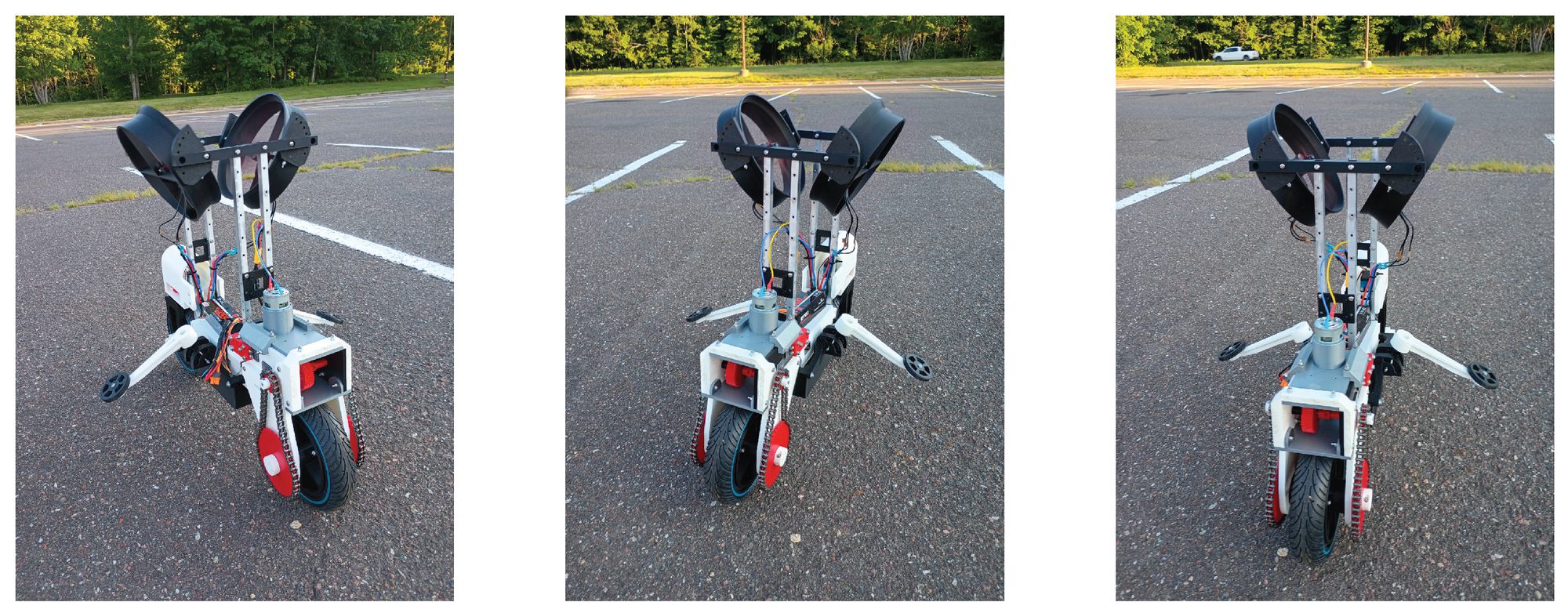 Three photos of the bike driving across an asphalt lot with its side-support links raised off the ground